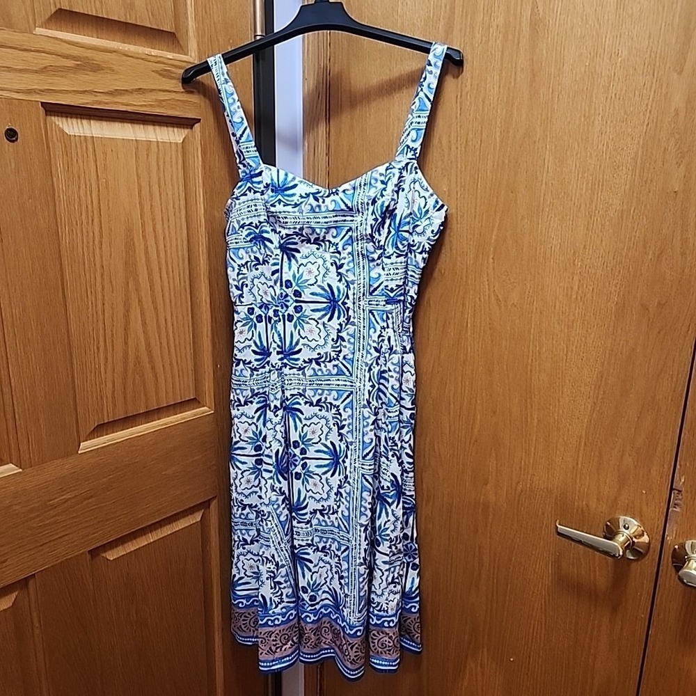 Avec Les Filles Sleeveless  Blue Palm Tile Sweetheart Neckline Midi Dress 4 NWT